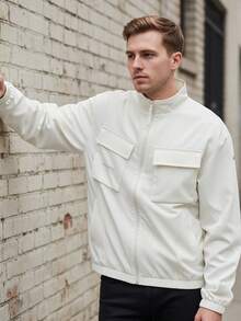 Adidas Solid Color Logo Patch Windproof Patchwork Training Workwear Stand Collar Long-Sleeved Outdoor Casual Jacket For Men. - White - View 1