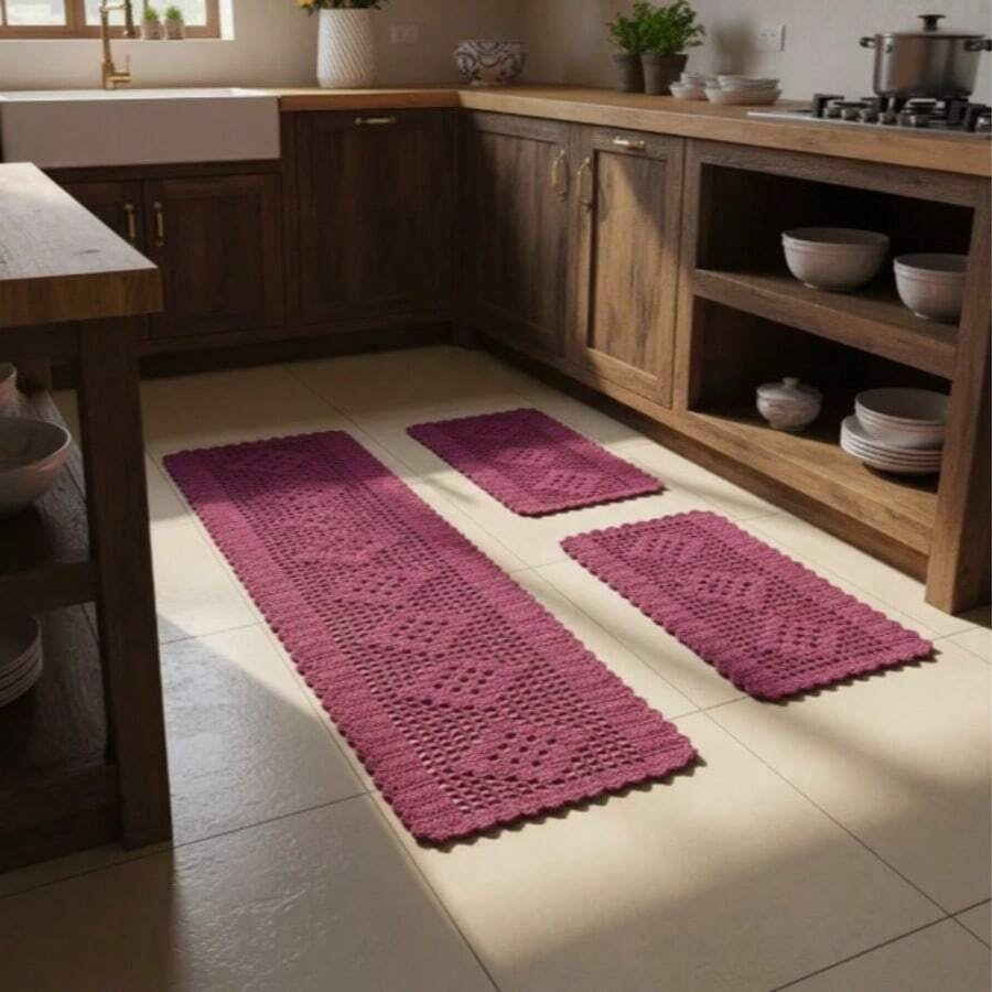 Rectangular Kitchen Rug And Runner Kit 3 Pieces Rhombus - สีม่วง - ดู 1