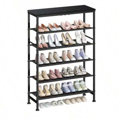Shoe Rack Organizer 4-Tier Metal Shoe Storage With Non-Woven Fabrics Shelves And Wooden Top Board Shoe Rack For Entryway Bedroom Living Room Garage Black
