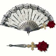 Vintage Spanish Flamenco Rose Lace Folding Fan - Elegant Black Handheld Fan, Suitable For Party And Wedding Decorations, Unisex Room Decoration - 1個 - 查看 6