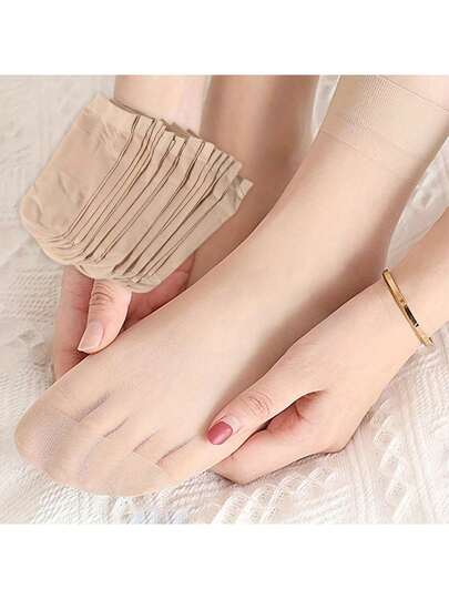 5/10 Đôi tất nữ màu trơn trong suốt dài đến giữa bắp chân, tất mắt cá chân, thích hợp cho mùa xuân/hè/thu