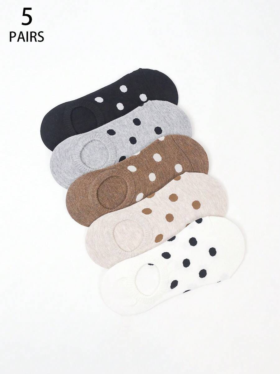 5双女士波浪点纹船袜，后跟硅胶防滑，学院风简约日常浅口袜 - 彩色 - 查看 1