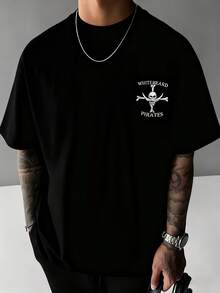 Le dernier t-shirt à manches courtes pour homme avec un imprimé tête de mort style pirate, un incontournable pour les rendez-vous galants, simple, polyvalent, décontracté, un t-shirt classique de style américain. - Noir - Voir 2