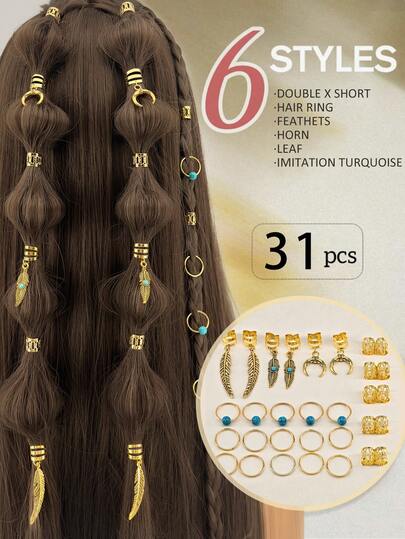 31pcs Turquoise Pendant Dreadlock Braid Hair Beads Braids Fashion Hair Rings Hippie Style Hair Accessories Loc Hair Jewelry For Braids For Women