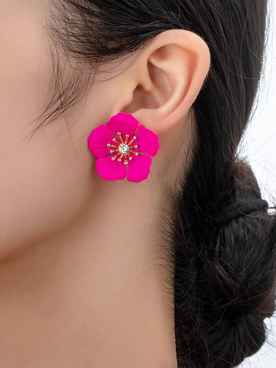 1 đôi bông tai đính đá hình hoa thời trang, thích hợp cho kỳ nghỉ và đeo hàng ngày. - Màu Hồng Tươi - Xem 1