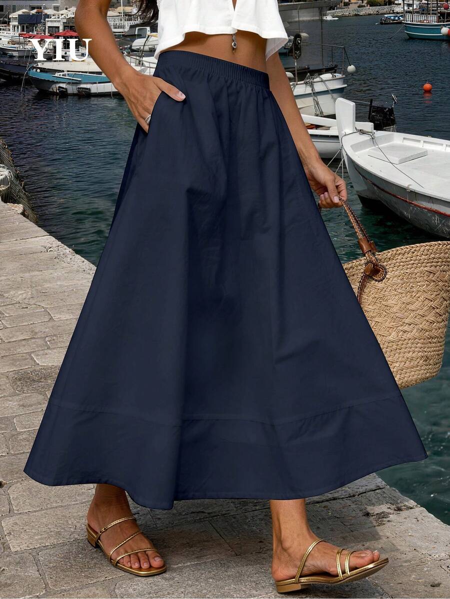 Navy Blue Women's Long Non-Stretch Polyester Casual Skirt - Navy Blue - View 1