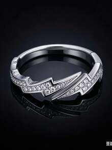 不对称闪电形合成锆石情侣戒指，情人节珠宝礼物 - 白色 - 查看 4