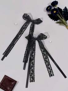 2件套女孩花朵蕾丝发夹，配黑色丝带蝴蝶结，优雅简约发饰，青少年节日礼物 - 黑色 - 查看 7