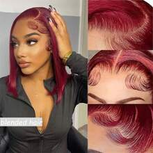 36 Inch Glueless Human Hair Blend Wig, Pre-Trimmed 13x4 High Definition Lace Closure Wig, Plug And Play, 180% Density Wavy Lace Front Wig, Human Hair Blend With Baby Hair, 99J Burgundy - S99J/BUG - View 3