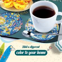 6件套DIY钻石画杯垫套装，带支架 - 海洋主题，圆形和不对称形状钻石，木制工艺套装，适合成人和初学者 - 查看 3