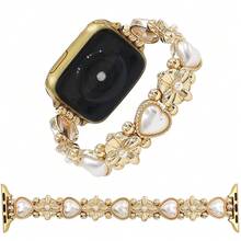 1 chiếc dây đeo đồng hồ co giãn bằng kim loại hình trái tim, hoa và ngọc trai, tương thích với Apple Watch 38mm 40mm 41mm 4mm 44mm 45mm 49mm (S10 42mm) (S10 46mm). Dây đeo đồng hồ nữ thời trang và tối giản, tương thích với Series 11 Ultra 3 SE3 Ultra 2 S10 SE2 9 8 7 SE 6 5 4 3 2 1, phù hợp với nhiều trang phục, sử dụng hàng ngày và các dịp lễ. - Vàng - View 1