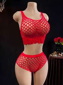 Bộ đồ lót lưới màu đỏ 2 món dành cho nữ, áo croptop viền ren và quần cạp cao, đồ ngủ lưới xuyên thấu. - màu đen - Xem 2