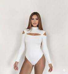 Body Collant Gola Alta Detalhe Aberto Ombros e busto Sexy Casual Inverno - Branco - Visão 1