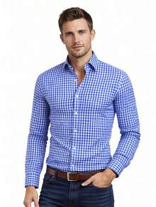 Rand paul Men's Casual Comfortable Checkered Shirt - 寶藍色 - 查看 1