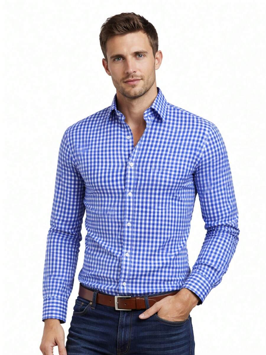 Rand paul Men's Casual Comfortable Checkered Shirt - 寶藍色 - 查看 1