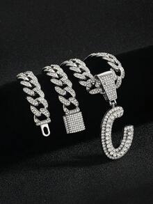 嘻哈风镶钻链，配定制草书字母吊坠，镀金项链，个性化首字母首饰 - 嘻哈字母項鍊 - 查看 42