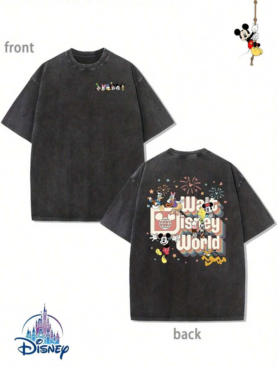 Disney Couple T-Shirts, 100% Cotton, 230g, Cute Mickey Mouse Crew Neck T-Shirts, Detailed And Vibrant Design, Durable And Easy-Care Fabric, Suitable For Everyday Wear, Commuting And Other Occasions. - màu đen - Xem 1