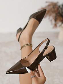 Women's Spring/Autumn New Rhinestone Decor Backless Low Heel Mules, Versatile Comfortable Pointed Toe High Heels - Brown - View 3