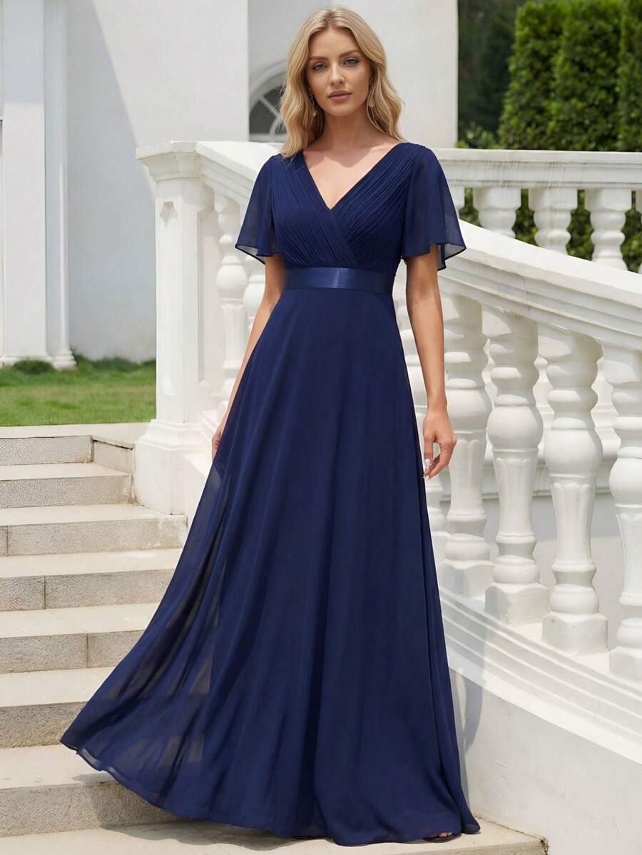 抽褶上身絲帶腰雪紡舞會連衣裙