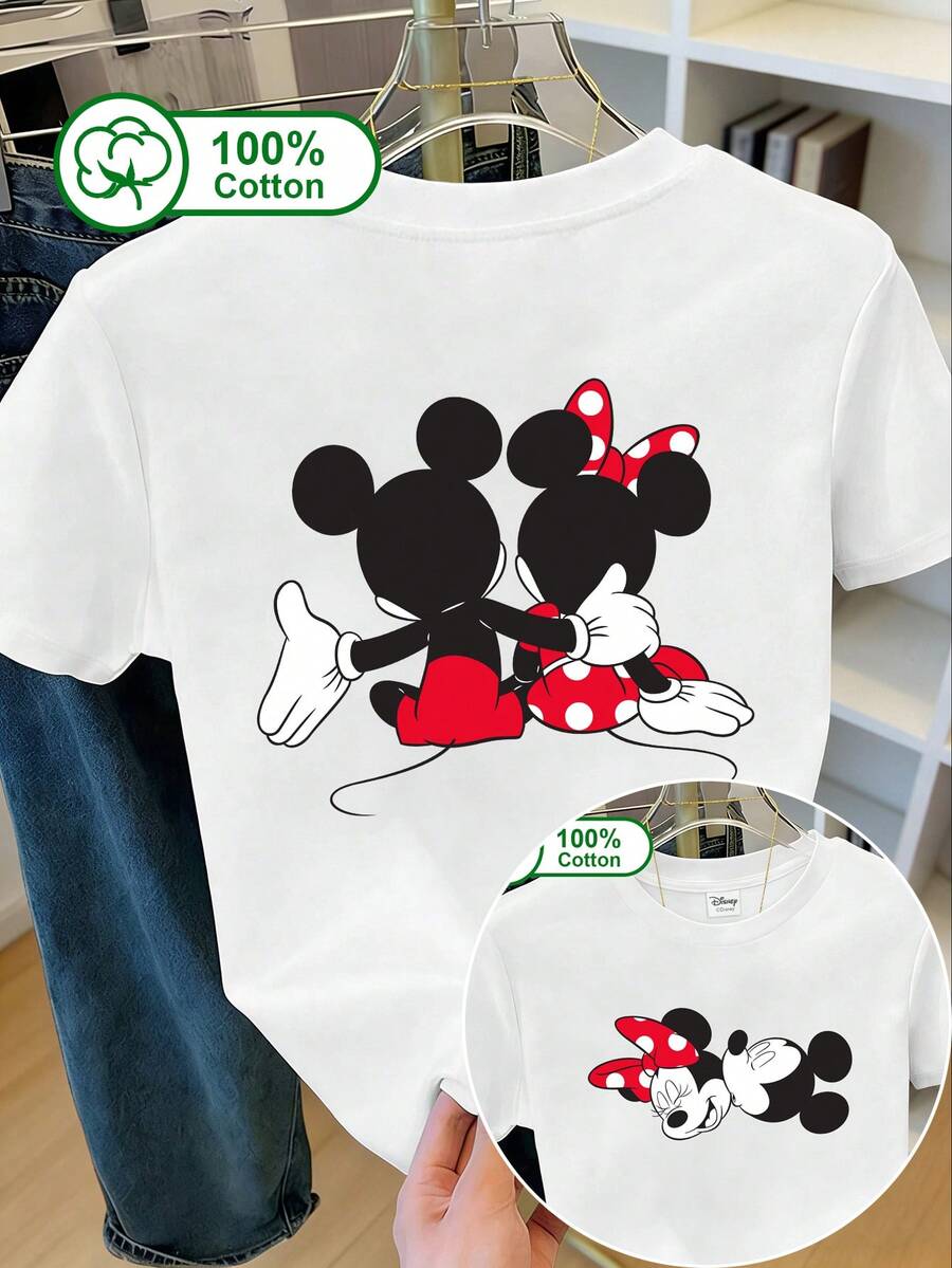 Disney 女士休闲简约T恤，100%纯棉，卡通蝴蝶结动物双面印花，适合户外穿着，春、夏、秋季日常穿着，白色印花T恤 - 白色 - 查看 1