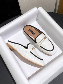 Mengshangli Plaid Preppy Style Backless Loafers For Women, Retro Metal Rhinestone Decor, Flat Slip-On Shoes For Office, Vacation, Party In Spring/Summer - White - View 1