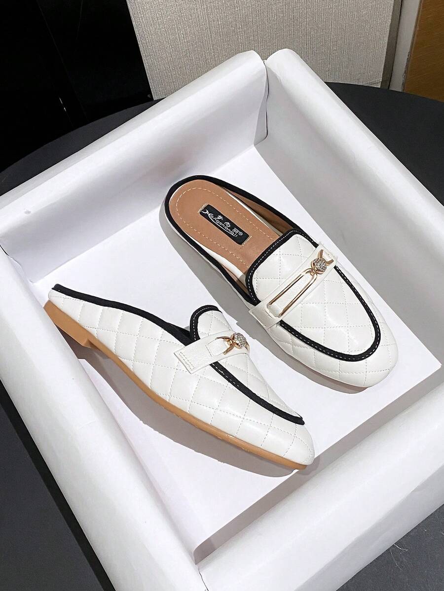 Mengshangli Plaid Preppy Style Backless Loafers For Women, Retro Metal Rhinestone Decor, Flat Slip-On Shoes For Office, Vacation, Party In Spring/Summer - White - View 1
