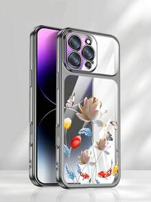 Hochwertige, galvanisierte, transparente Handyhülle für iPhone 15 Pro Max 16 Pro Max 13 14 Pro Max 14 Plus 15 Plus 16 Plus. Modisches, mattes Rundum-Design mit silbernem Lotus-Motiv. - Orange - Übersicht 4
