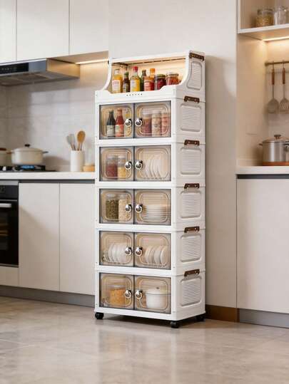 1个塑料折叠储物柜，双门家用客厅玩具收纳盒，带轮卧室储物柜，衣柜储物盒，厨房推车储物架