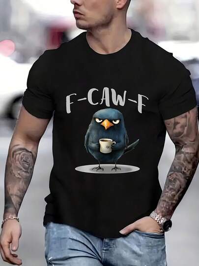 Funny Crow Coffee F-Kaw-F Slogan T-Shirt - A Vintage Loose-Fitting Short-Sleeve Tee Featuring A Caw-F Pun And Crow Design, Perfect As A Casual Humorous Gift For Bird Lovers, Suitable For All Seasons