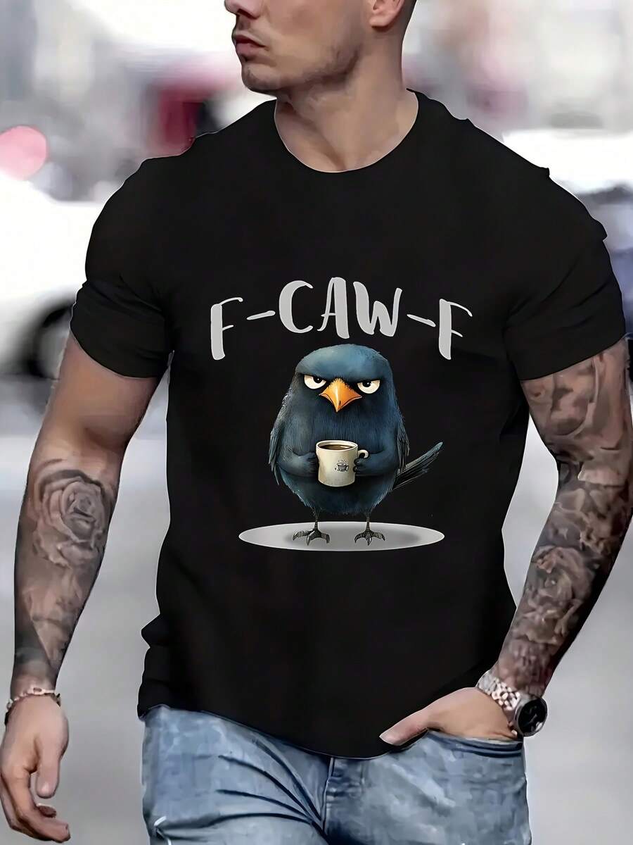 Funny Crow Coffee F-Kaw-F Slogan T-Shirt - A Vintage Loose-Fitting Short-Sleeve Tee Featuring A Caw-F Pun And Crow Design, Perfect As A Casual Humorous Gift For Bird Lovers, Suitable For All Seasons - 白色 - 查看 1
