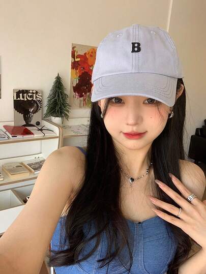 1 件装，新款春夏刺绣字母 B 棒球帽，女款，韩版休闲学生时尚百搭帽，遮阳帽，情侣夏季防晒棒球帽，软顶帽，户外、旅行、登山、卡车司机帽