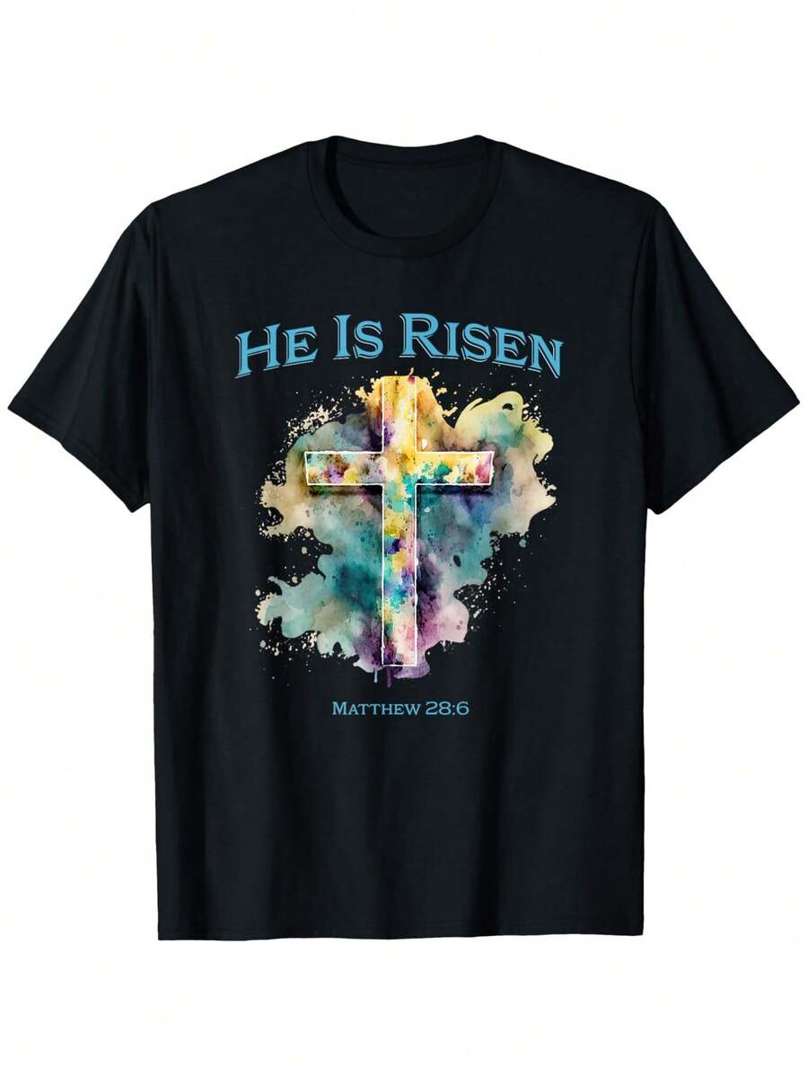 He Is Risen Jesus Christian Bible Quote Easter Good Friday T-Shirt - Black - View 1