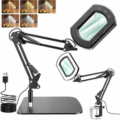 15X Square Magnifier With Light And Stand, 144 LED Brightness, Touch Control 5 Color Modes And Dimmable Hands-Free Magnifying Lamp, 10 Adjustable Brightness Magnifying Desk Lamp For Close Work, Crafts, Sewing, Repair And Reading