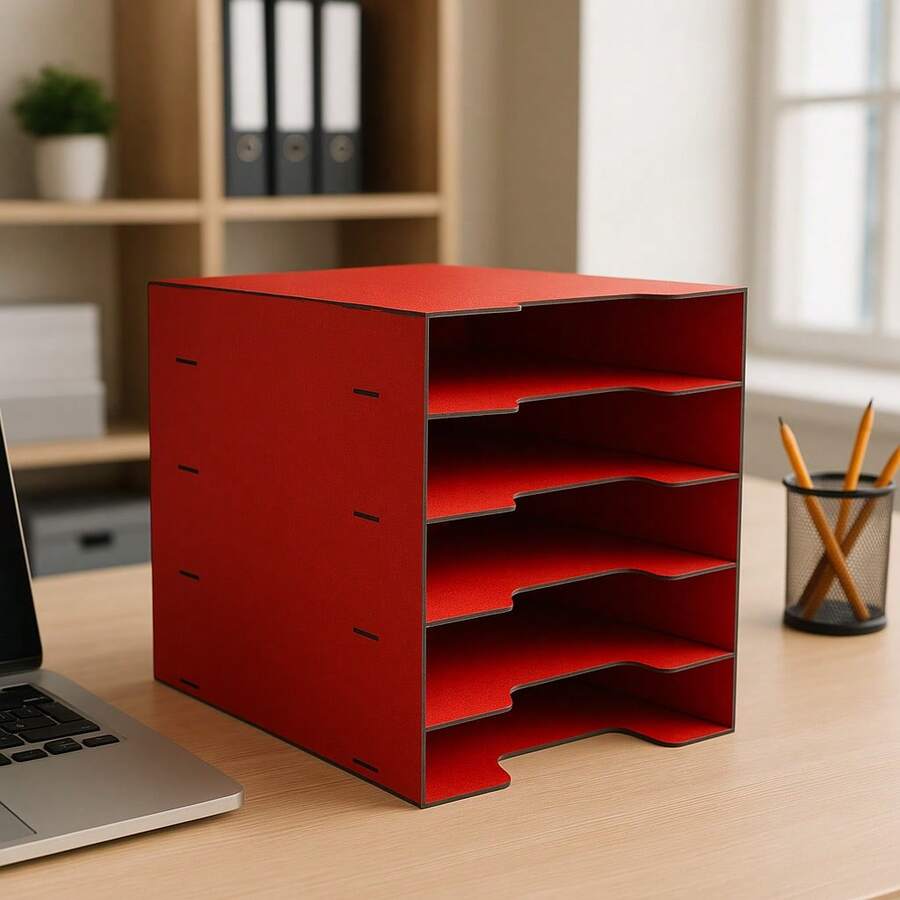 Paper Organizer With 5 Compartments In MDF - Choose Your Color - Rojo - Ver 1