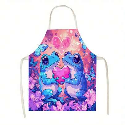 1件装围裙，饰有青蛙、爱心和花朵图案，适用于厨房、客厅、餐厅、酒店、户外烧烤等多种场合，100%涤纶材质，可机洗，大号围裙