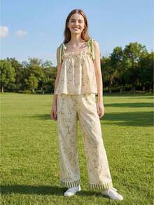 Women's Summer Pajamas Set Stylish Floral Print Tie Shoulder Tops With Pants Lounge Wear 2 Pcs Set - 混合色 - 查看 1