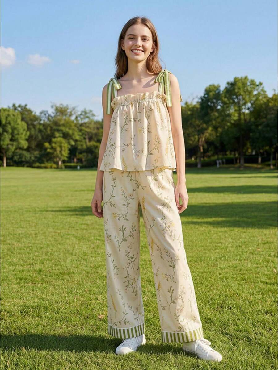 Women's Summer Pajamas Set Stylish Floral Print Tie Shoulder Tops With Pants Lounge Wear 2 Pcs Set - 混合色 - 查看 1
