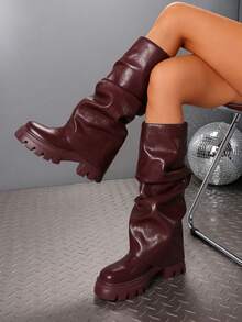 Ruched Fold Over Women's Slouchy Shark Knee High Boots Fashion Platform Chunky High Heels Round Toe Pull On Pleated Mid Calf Boots Woman - 酒紅色 - 查看 1