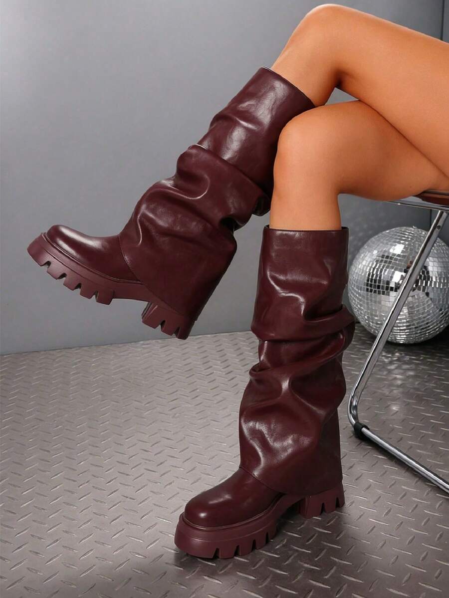 Ruched Fold Over Women's Slouchy Shark Knee High Boots Fashion Platform Chunky High Heels Round Toe Pull On Pleated Mid Calf Boots Woman - 酒紅色 - 查看 1