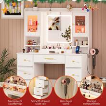 ✨Vanity, 7 Drawers White Vanity Desk With Mirror - Valentine's Gifts|Large Makeup Table Set With Cabinets And 3 Modes, 8 Storage Shelves With 2 Ultra-Clear Display Cabinets & 2 Ultra-Clear Dividers, 3 Storage Compartments, Top Shelf Included, Vanity Mirror With Desk Dressing Table For Bedroom, Includes Hairdryer Holder|Essential Makeup Vanity For School Club Performance Makeup Sessions|Perfect Addition To Makeup Routine For Shows,Gatherings And Festivals!|School Essentials|Hair Tools Organizer For Women|Enhanced Design|Suitable For Pet-Owning Households|Autumn & Winter Heartwarming Gift|Christmas & Halloween Gift|Newly Upgraded Thickened Edition|Thanksgiving Day|Celebration Gifts|NYE Party Gifts|Lunar New Year 2026|New Year's Eve|Home Essentials From You NEED|Made Me Buy It: Must-Haves To Stock Up On✨ - 白色 - 查看 5