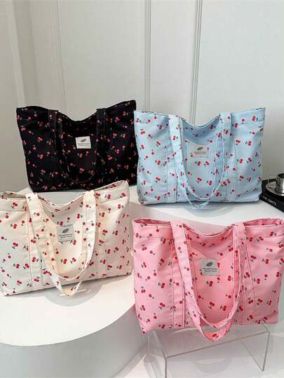 Women's Nylon Tote Bag With Sakura Flower Print, Large Capacity Shoulder Bag, Fashion Shopping Bag, Korean Art Style