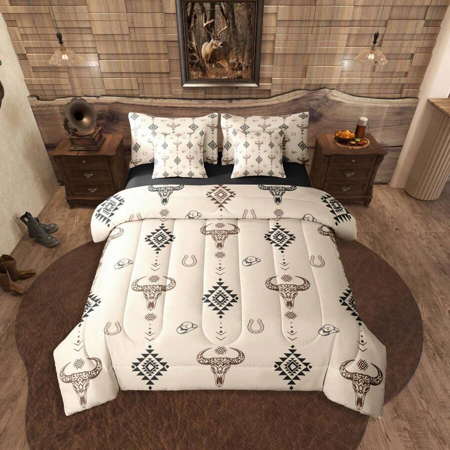 Erosebridal Cowboy Hat 7 Piece Bedding Set Bull Skull Comforter Set With Sheets Cowboy Hat Dot Western Bed In A Bag Horseshoe Geometric Boho Arrow For Men Women, For Room Decor For Birthday Present Housewarming - Beige Brown - View 1