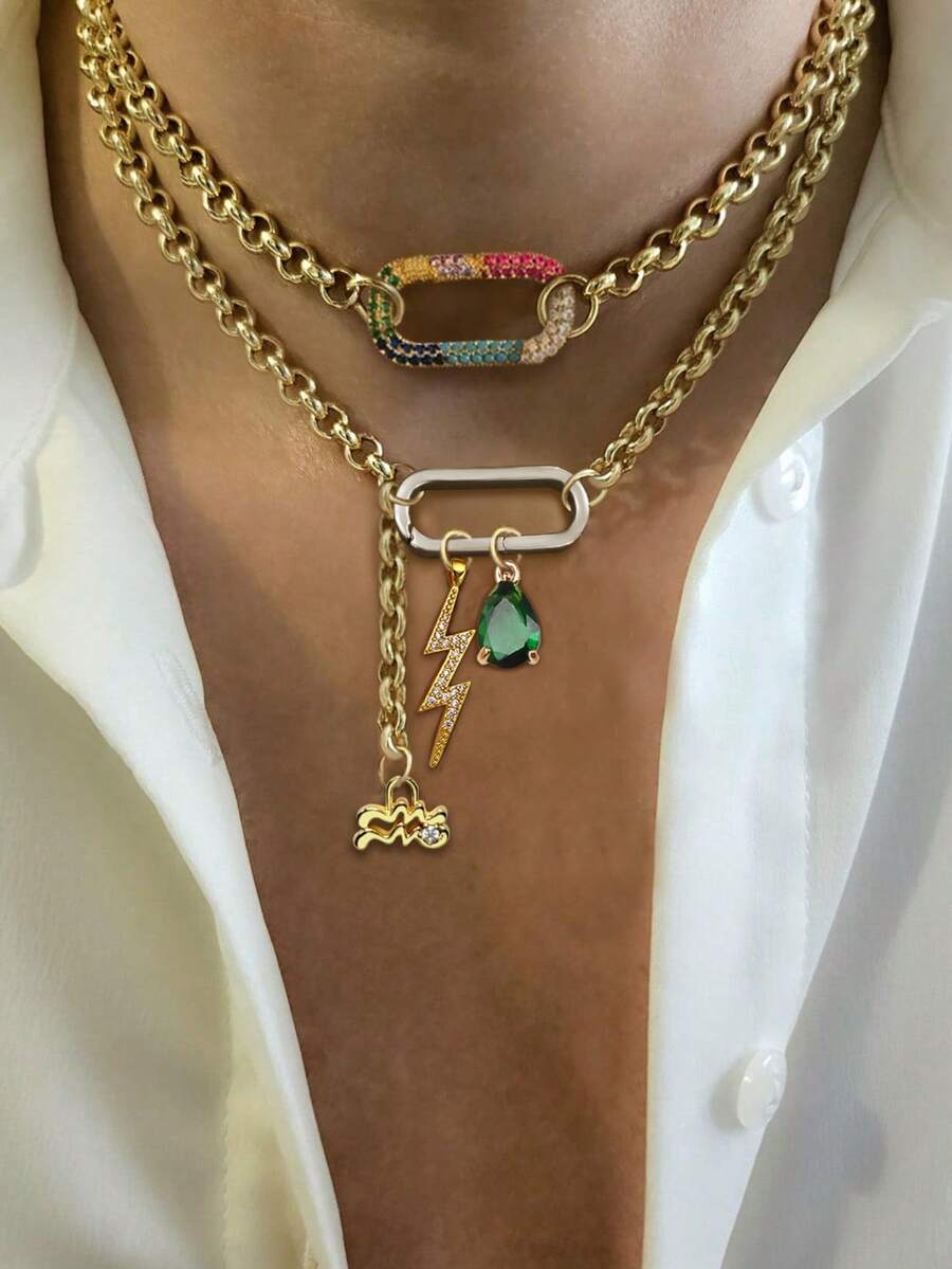 1件黄金十二生肖项链，钻石和祖母绿吊坠项链，时尚优雅多吊坠项链，独特奢华女士项链 - 金黃色 - 查看 1