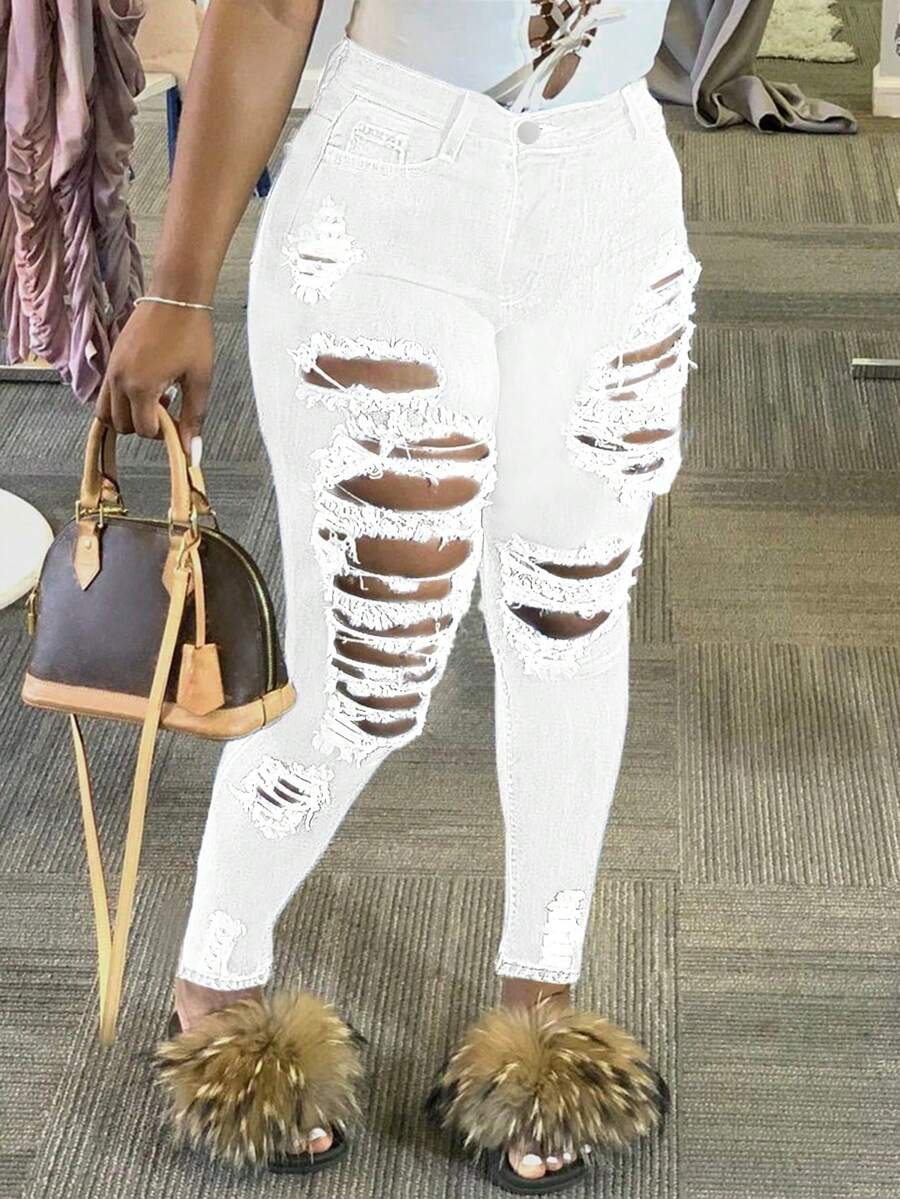 Ripped Skinny Sexy Jeggings Casual Spring White