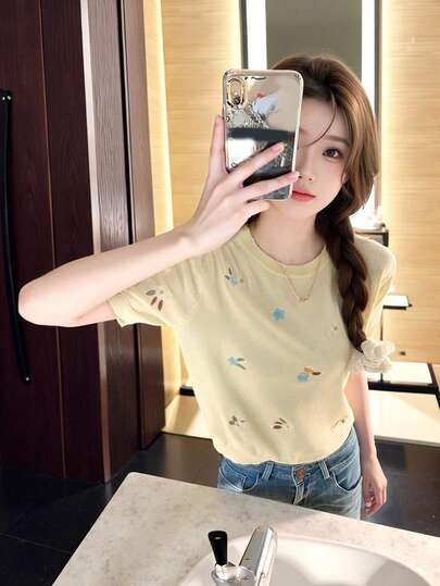 Alicedudu Women's Casual Floral & Leaf Embroidered Ribbed Knit Short Sleeve Top, Summer