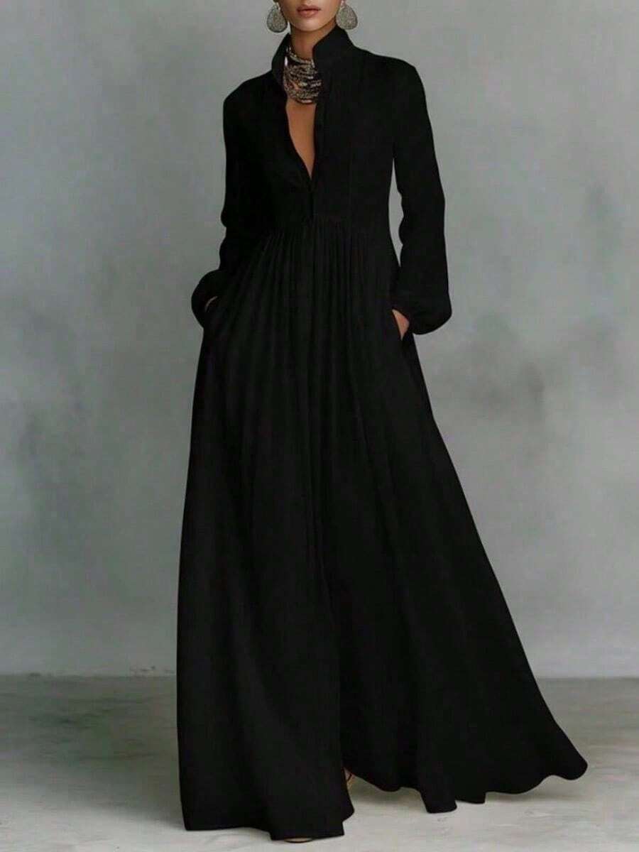French Waist And Thin Long-Sleeved Pleated Dress Temperament Elegant Retro Casual Vacation Style - 黑色 - 查看 1