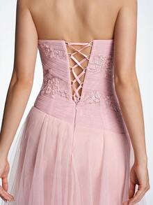 Anymoon 粉色甜美 3D 刺绣蕾丝网纱无肩带束身露背系带礼服，正式礼服，适合婚礼宾客、订婚仪式、成人礼派对、草坪婚礼、返校舞会、毕业舞会、晚宴、正式晚宴等场合。 - 粉色 - 查看 8