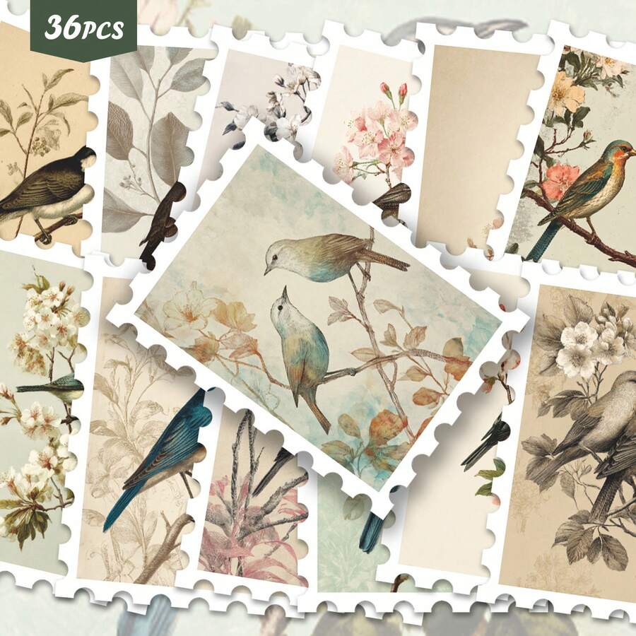 36 Stück Vogel- & Blumen-Illustrationskunst Aufkleber Set | Dynamische Vinyl-Aufkleber mit verspielten, vintage Vogel- und Blumenmotiven | Für Laptop, Dekoration & Geschenke | Für Kunstliebhaber & stimmungsvolle, witzige Aufkleber Kindle Sammelalbum Zubehör Laptop Aufkleber