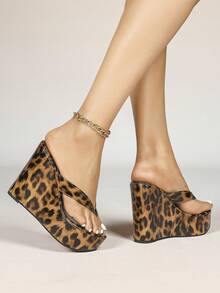 Women's Thick Sole Strap Wedge Sandals, Plus Size Open Toe Beach Slippers - Dark Leopard Print - View 12