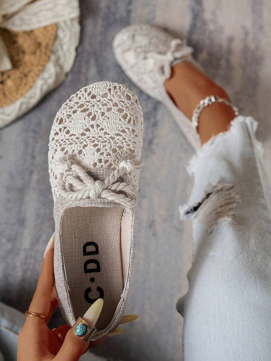 Linen Summer Mesh Shoes New Loafers Bow Knot Woven Women Hollow Flat Shoes, Fashion Comfortable Lightweight Casual Slip-On Flat Shoes Suitable For Daily Commute And Outdoor Wear, Ballet Shoes